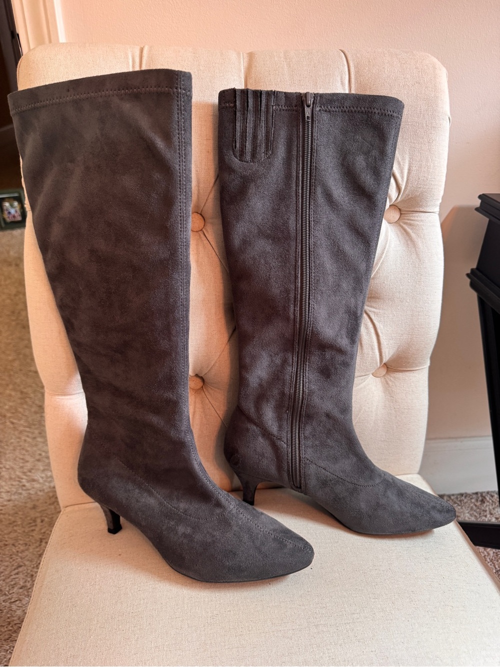 Aerosols Knee-High Faux Suede Pointed-Toe Boots in Dark Gray